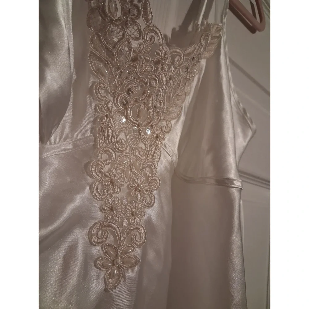 Ivory Satin Babydoll Cami Beaded Floral Lace Pearl Applique Coquette Fairy Y2K S